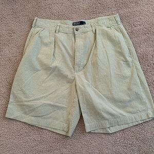 Ralph Lauren Green/White Striped Pleated Seersucker Shorts, Size 35, Inseam 9.